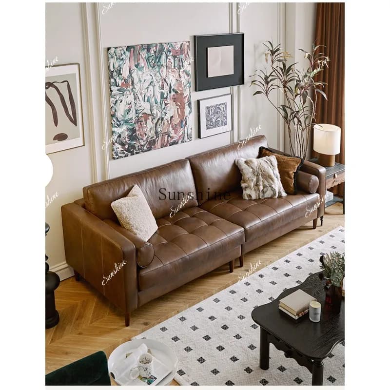 American retro style first layer cowhide brown living room straight row sofa  FT