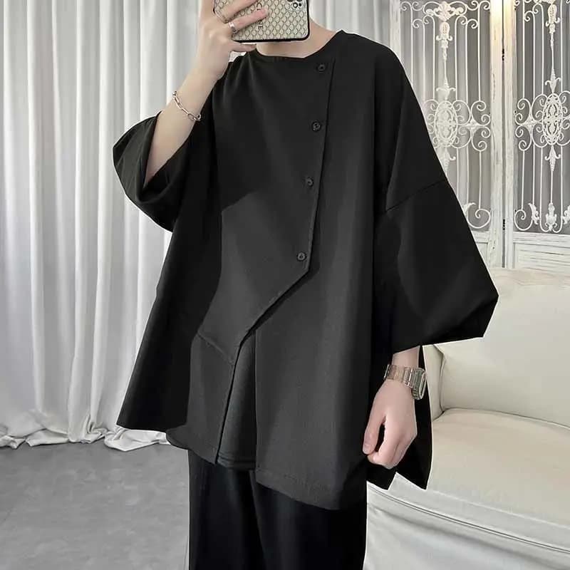 Irregular Shirt Men's Japanese Fashion Brand Men's Three-quarter Sleeve Shirt Thin Button Splicing Top