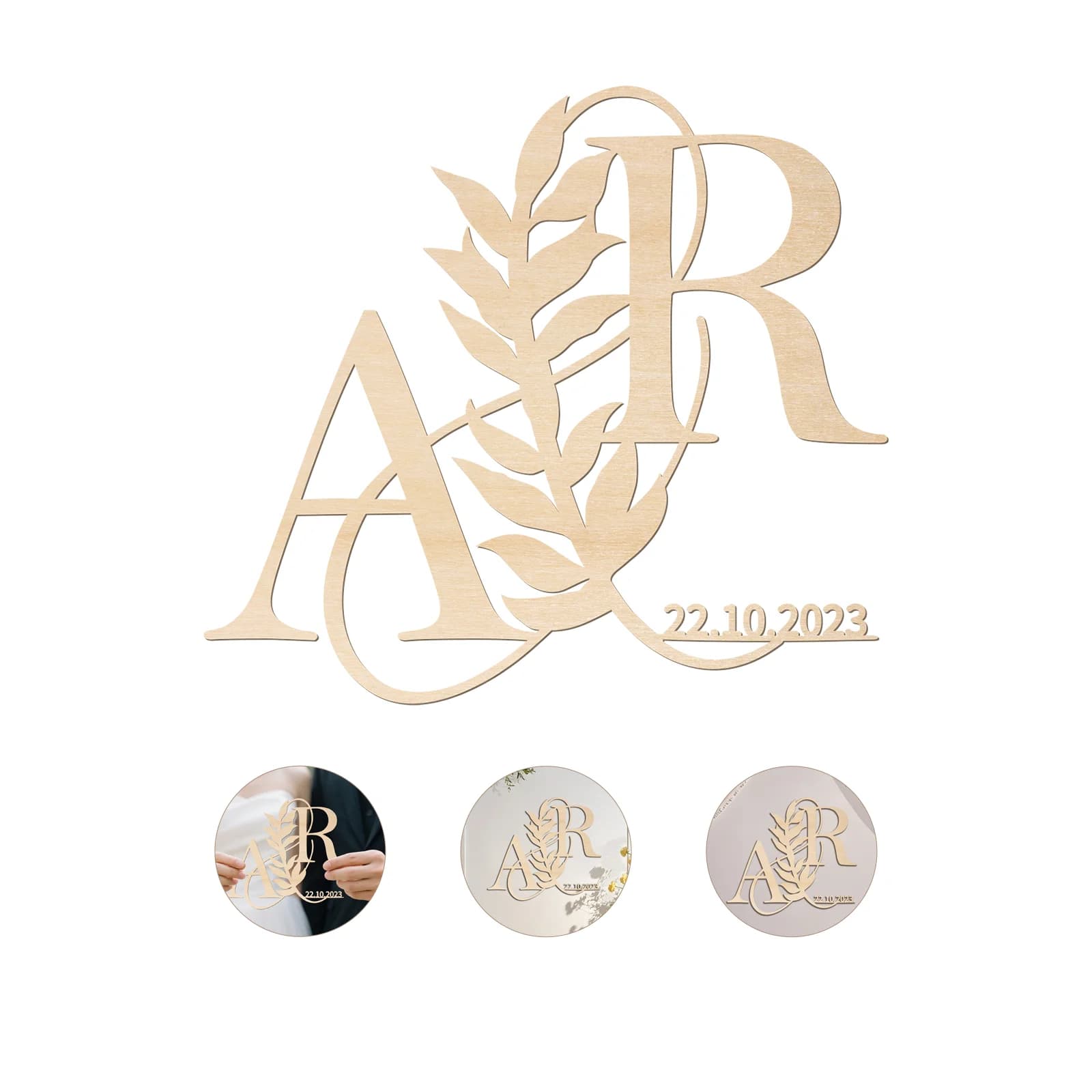 Personalized Wedding Wall Sign - Custom Wooden Initials & Date, Leaf Design, 30cm/40cm Laser-Cut, Anniversary Decor