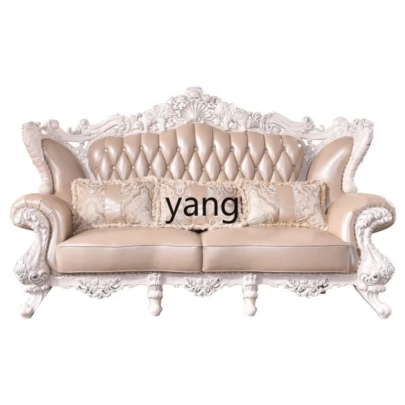 LTT European leather sofa combination corner solid wood carved flower luxury first layer cowhide sofa