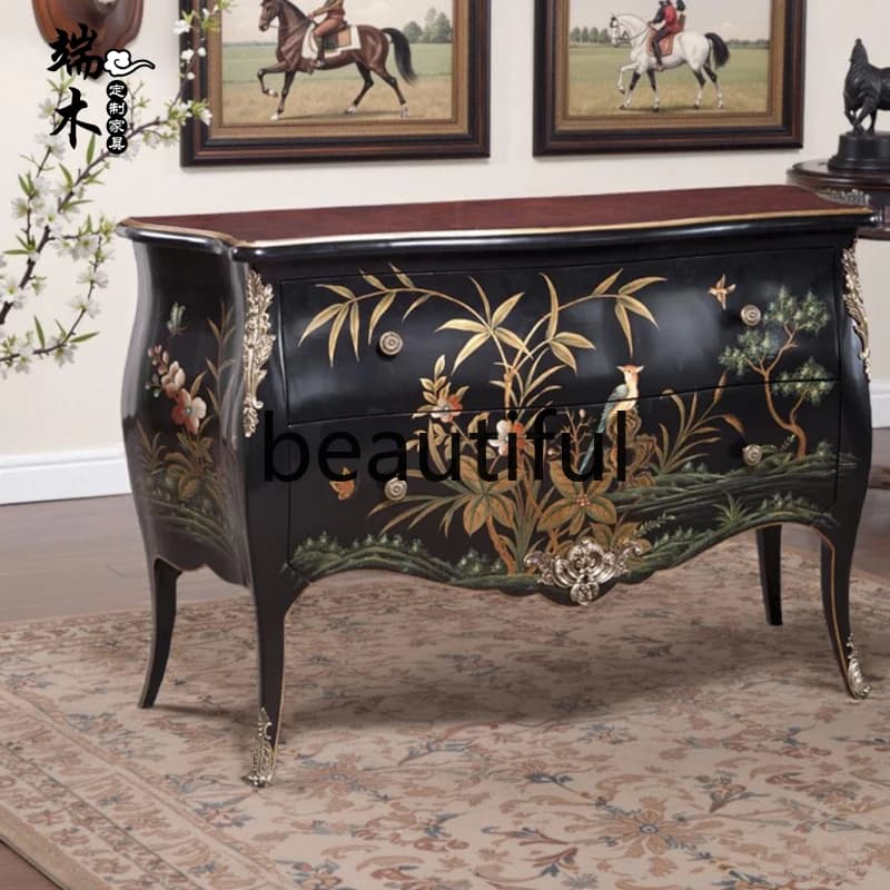 French retro entrance cabinet, European black flower and bird painted double bucket storage decorative cabinet