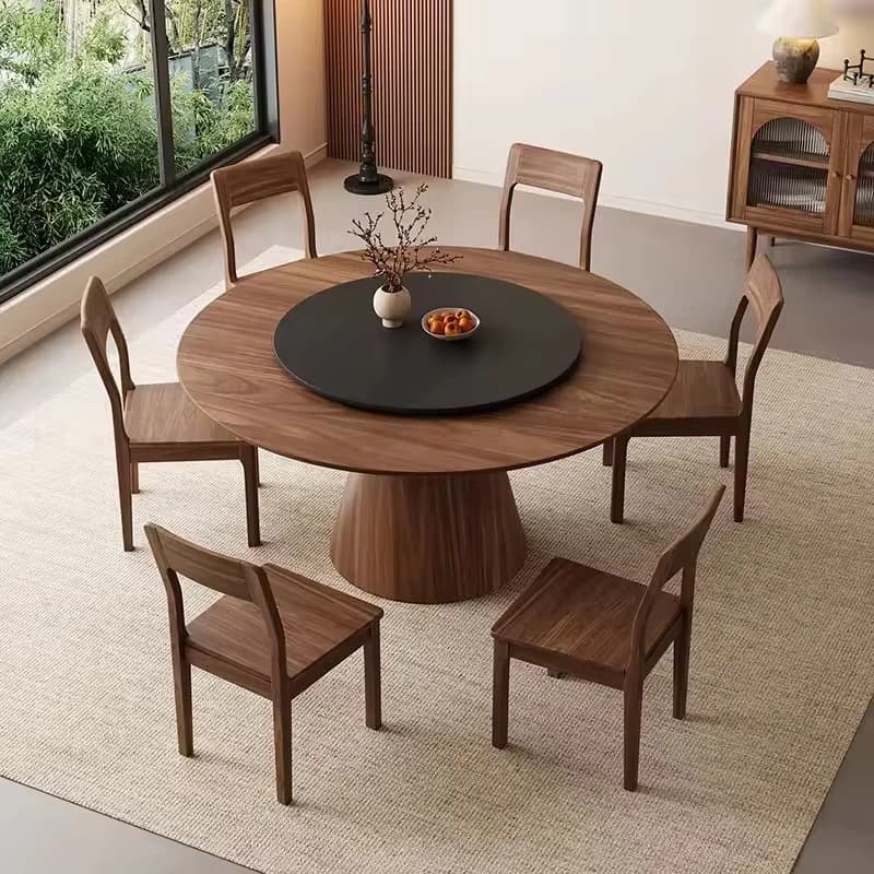 High-quality round dining table, light luxury turntable black walnut round dining table, solid wood round dining table