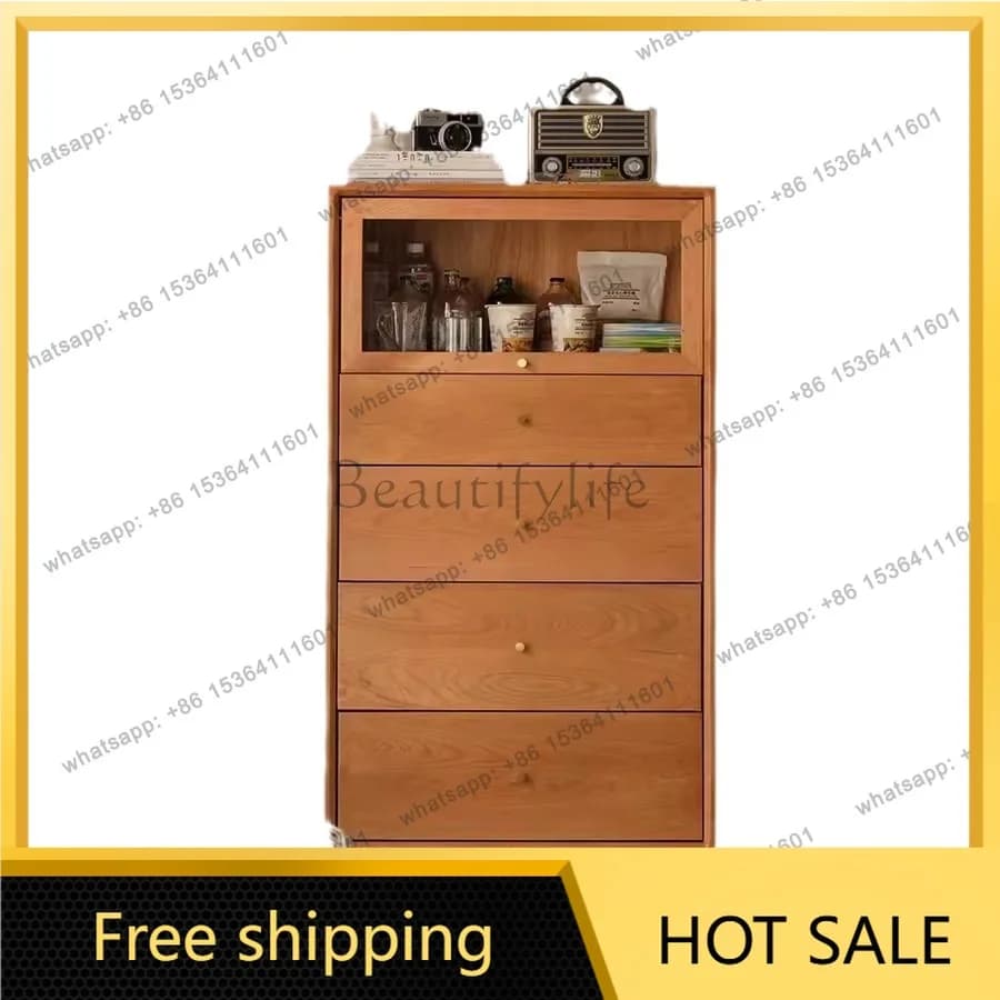 FG solid wood furniture living room storage cabinet, simple modern cherry wood drawer cabinet