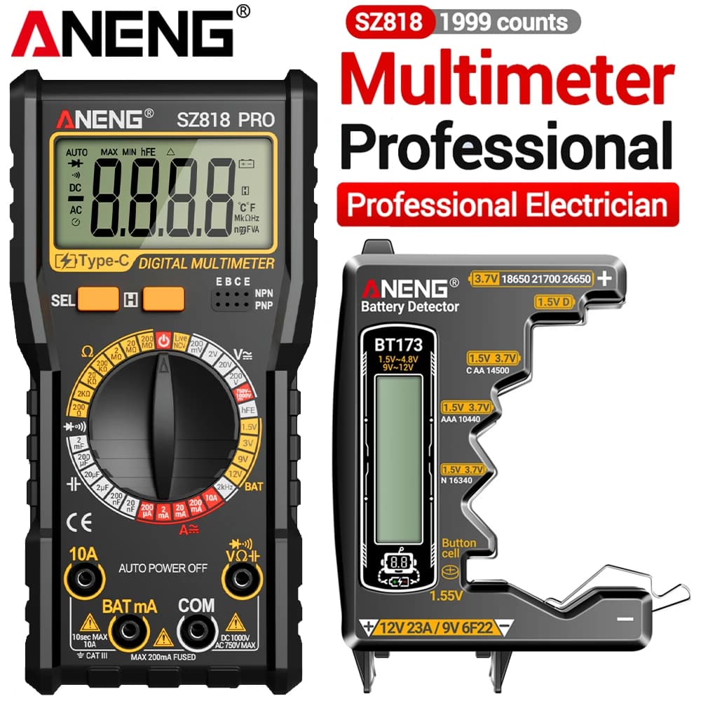 ANENG Intelligent Digital Multimeter Automotive Voltage Triode Tester SZ818+BT173 9V/12V Battery Digital Display Detector Tools