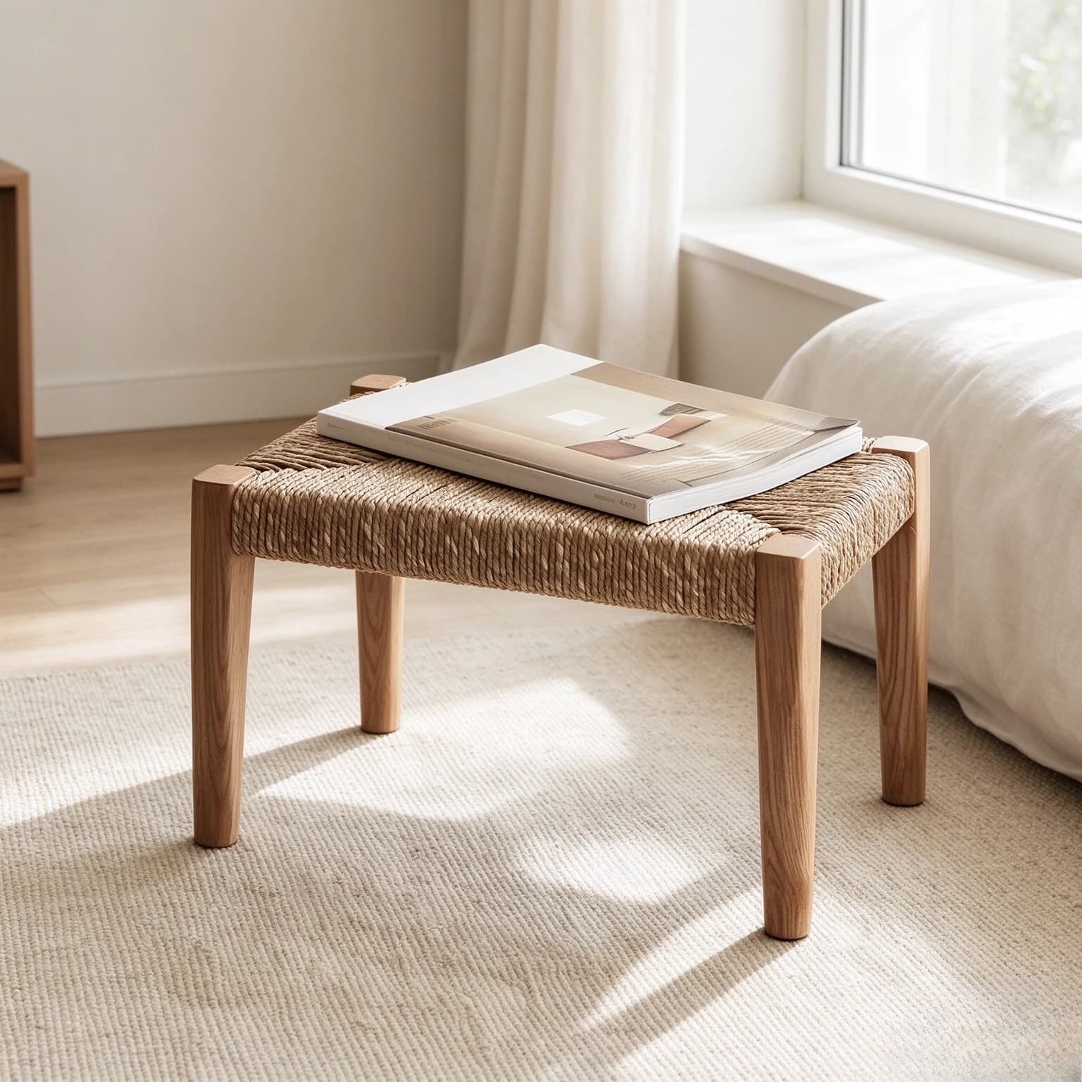 Scandinavian Handwoven Rattan Square Stool, Entryway Shoe Changing Bench and Footrest for Living Room, Bedroom and Entryway