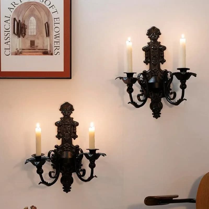 American Retro Candle Holder Black Wall-mounted Candlestick Background Wall Decoration Double Head Candle Cup Courtyard
