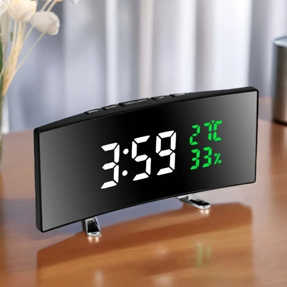 Curved Screen Digital Alarm Clock Large Temperature Humidity Desk Clock Large Screen Two Set Alarms LED Digital Clock