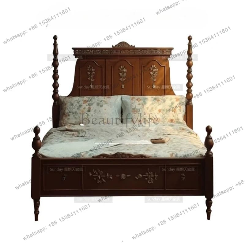 Neoclassical carved Roman column princess bed French light luxury retro double solid wood bed