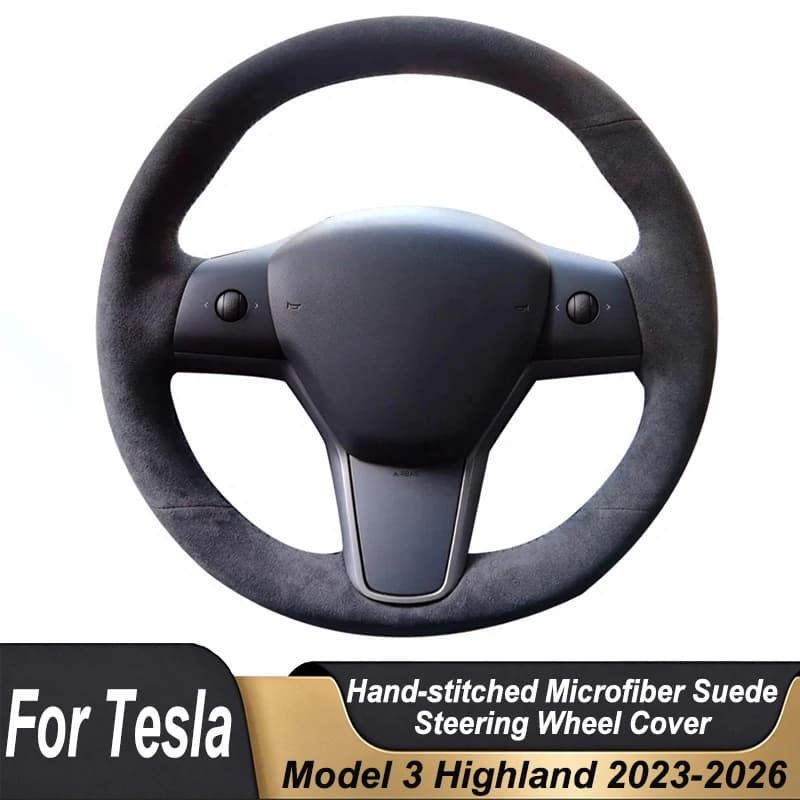 Custom Hand Stitched Black Microfiber Suede Car Steering Wheel Cover For Tesla Model 3 Highland 2023-2026 Non-slip Interior Part