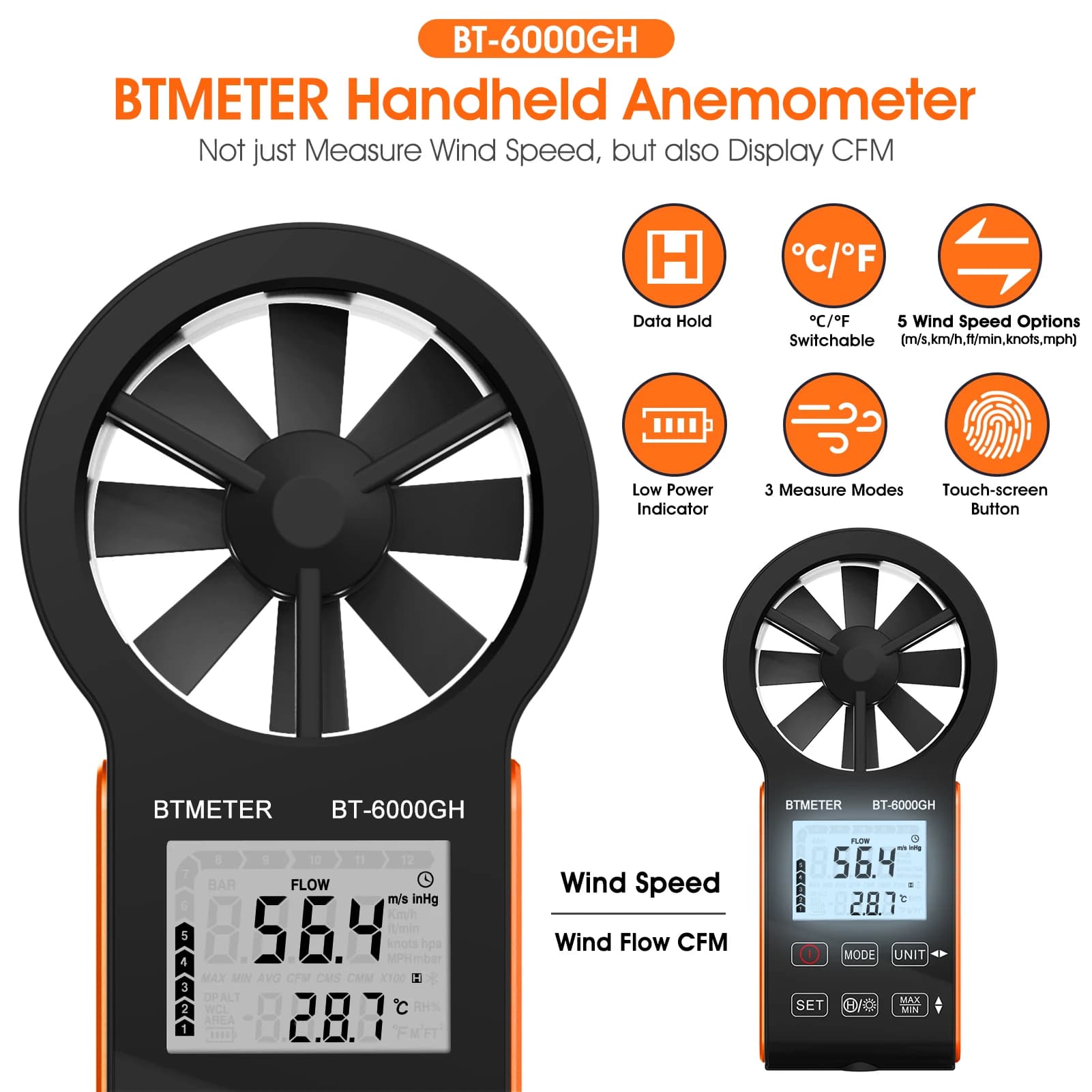 Wind Speed Measurement New Rechargeable Anemometer with Touching Key,Temperature Display,Instrument of Air Volume Test BT-6000GH