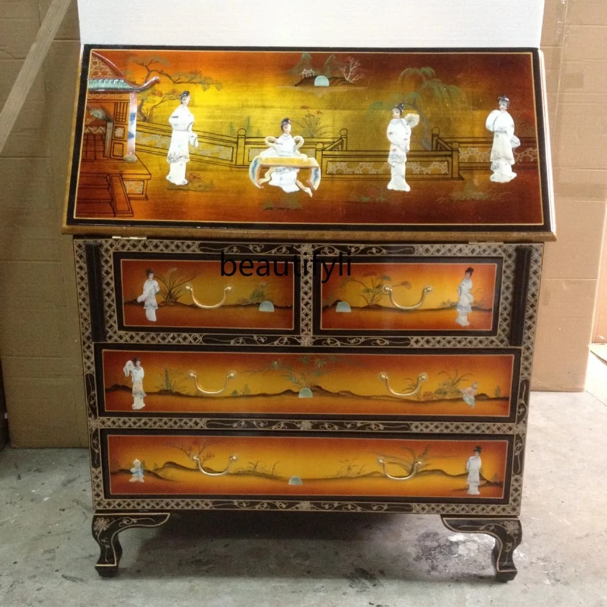 Gold foil shell classical Chinese furniture flap folding four buckets storage foyer porch cabinet