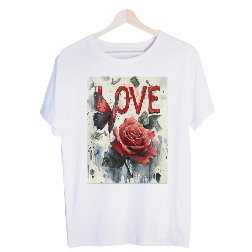 Men's Rose and Butterfly Graphic Tee, Short Sleeve Crew Neck T-Shirt for Casual Streetwear and Daily Outfits