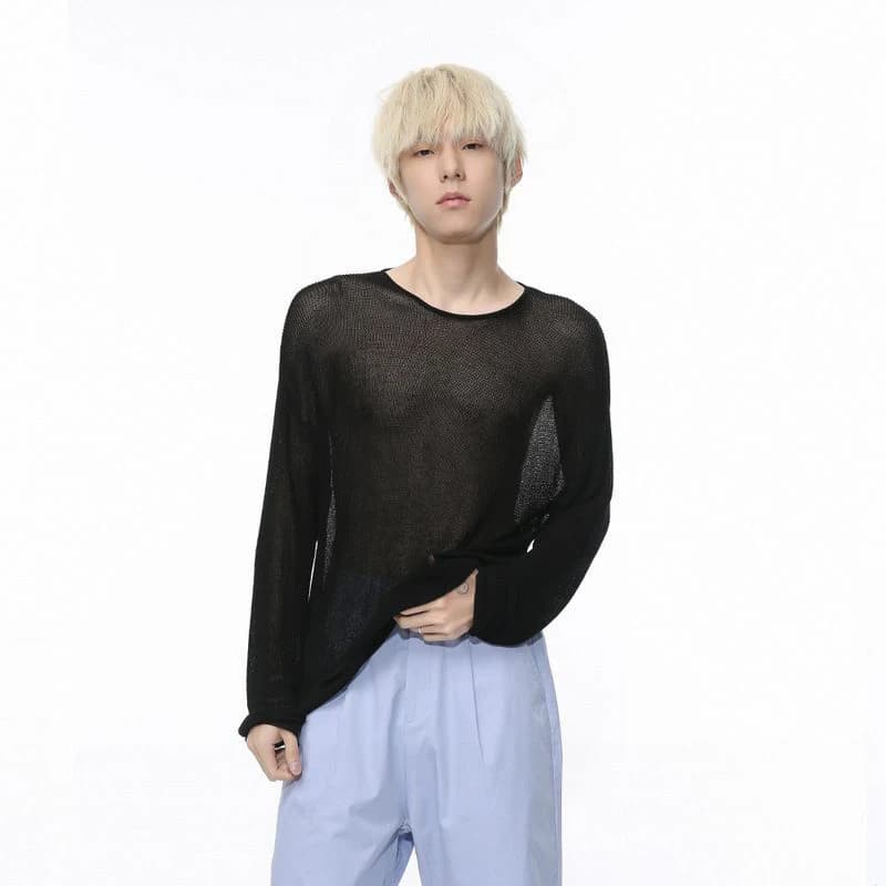 Summer Korean Long Sleeve Ultra Thin Semi Transparent Men T Shirt Hollow Out Fashion Personality 2xl Oversize Smock Clothes Sexy