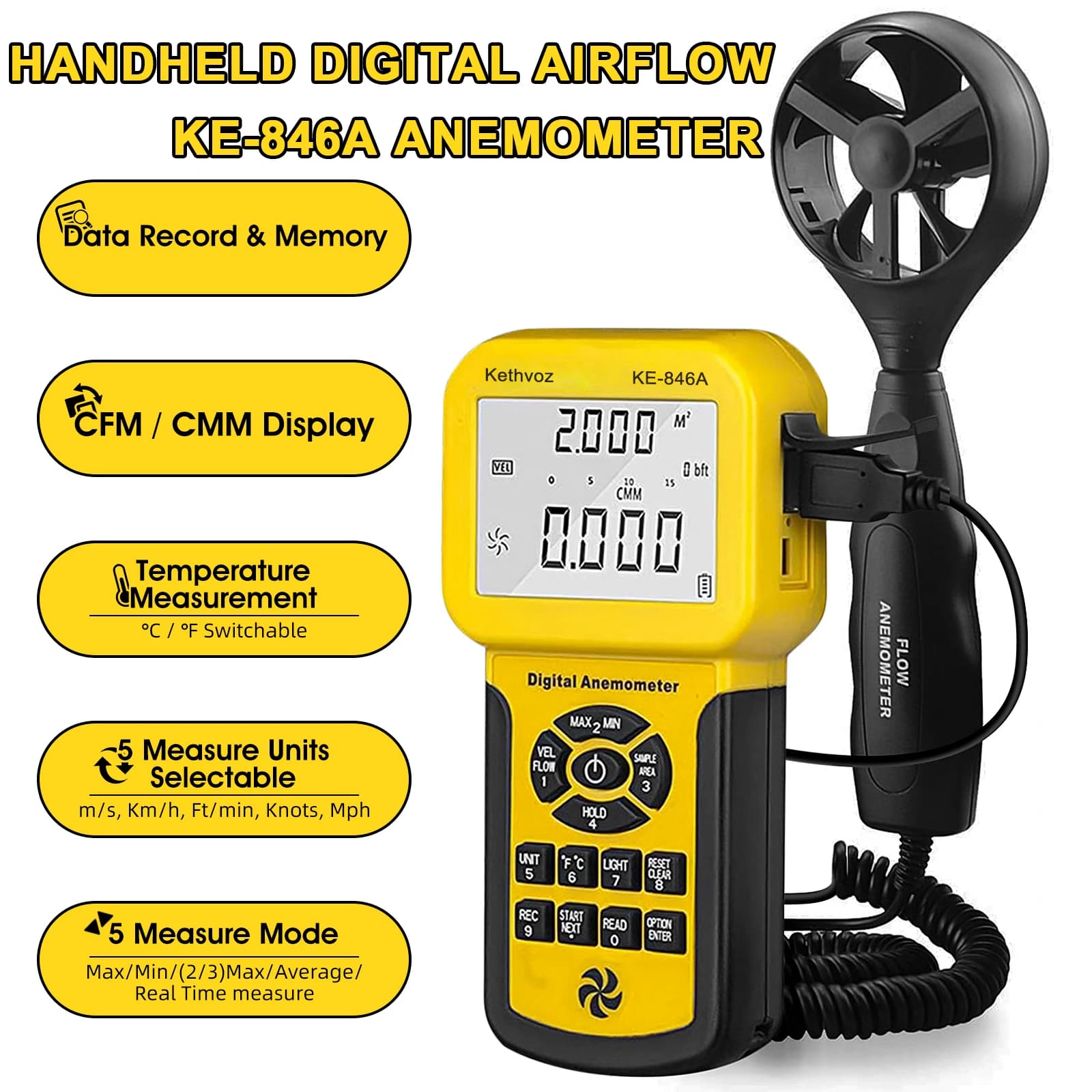 Air Velocity Measurement Instrument Set Tool, With Backlight & Data Hold For HVAC, Wind Surfing, Drones, And Weather Monitoring