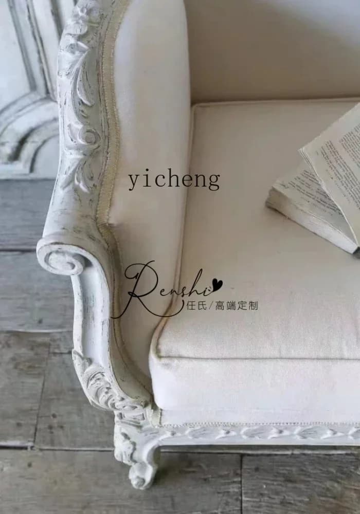 W27- log carved double three sofa villa light luxury French small apartment old living room fabric