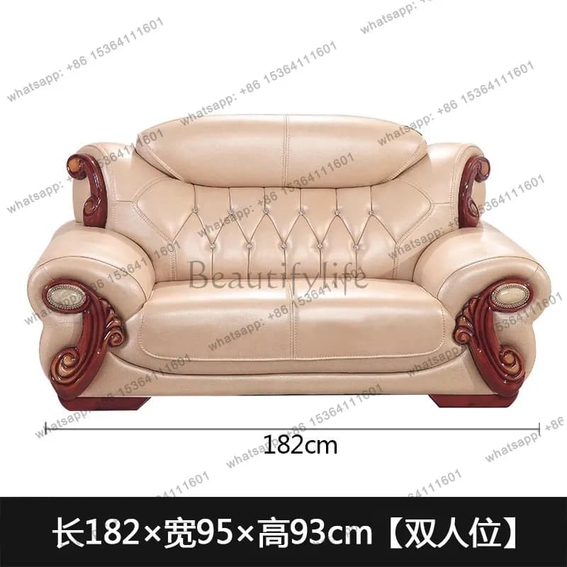 LSSolid Wood Carved Leather Sofa Top Layer Cowhide Living Room Combination Sofa
