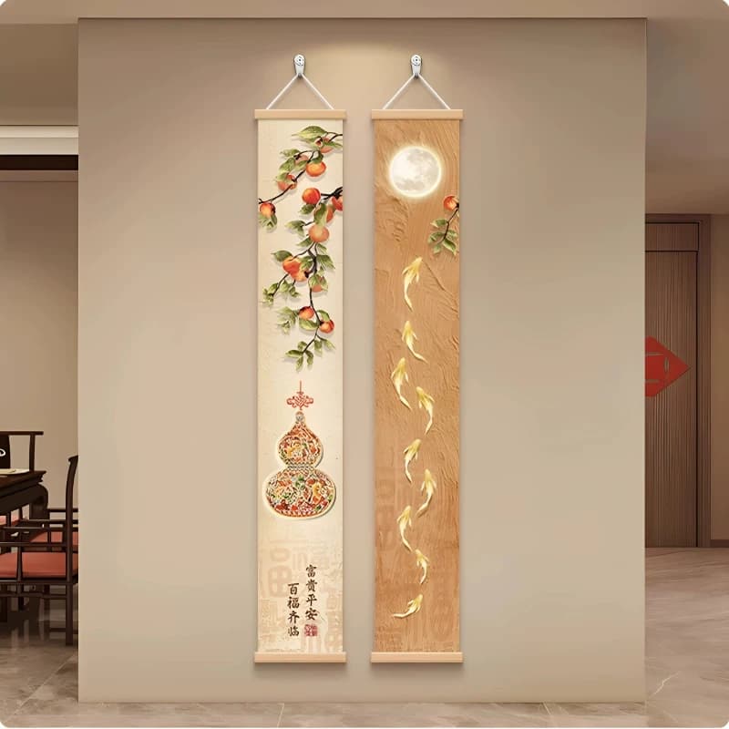 Wall Art Nine Koi Fish and Persimmon Branches Chinoiserie Pearlescent Canvas Hanging Scroll with Wooden Rods for Hallway
