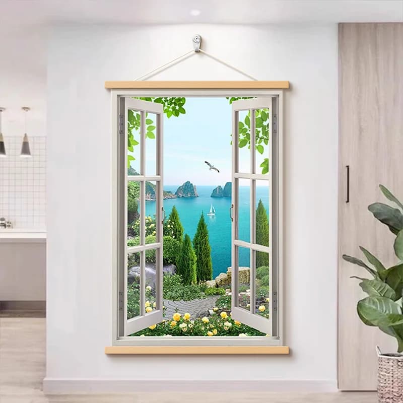 Green Landscape View Window Scroll Wall Art, Aesthetic Room Decor for Hallway Dining Living Room Background Hanging Painting