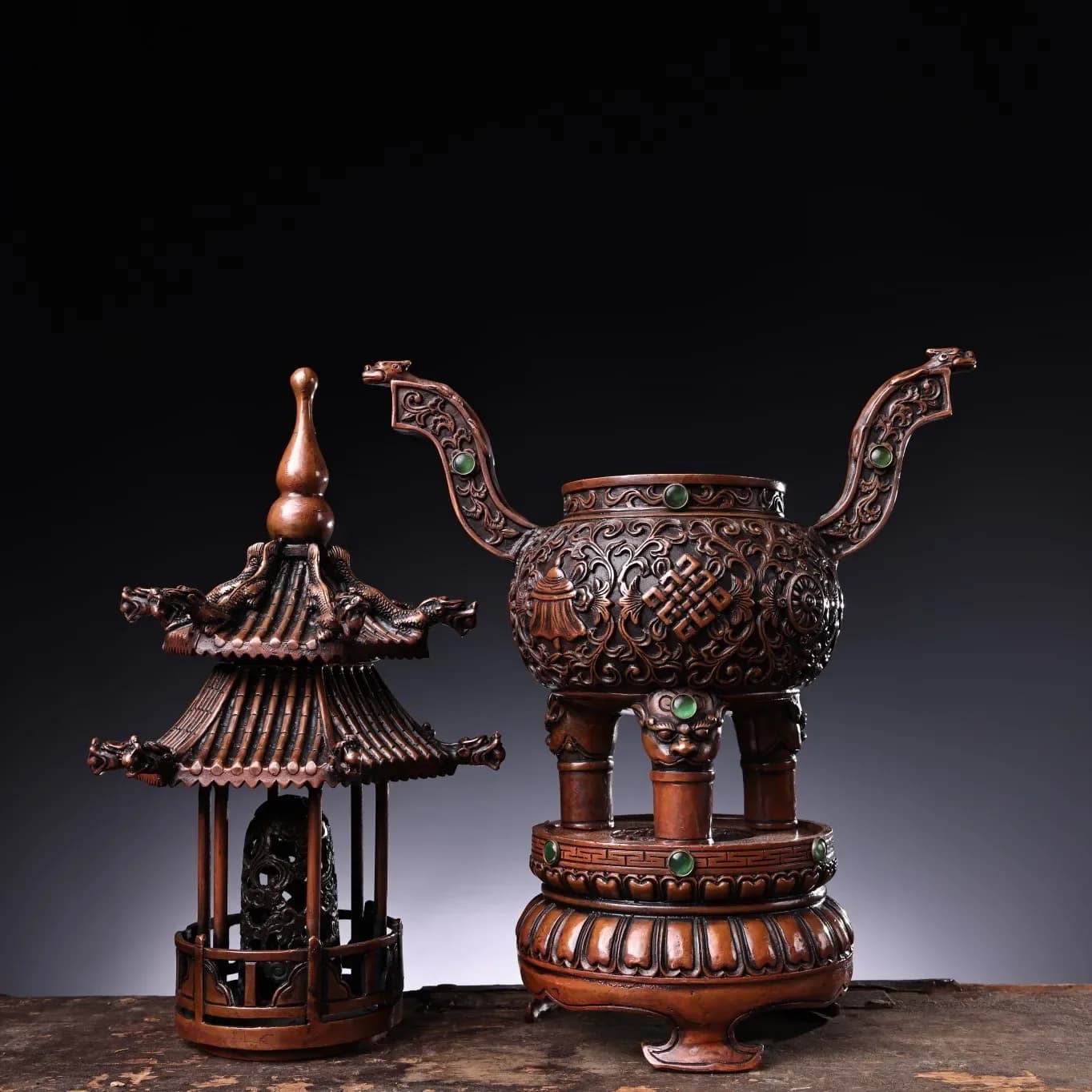 19"Tibetan Temple Collection Old Bronze Mosaic Gem Stupa Buddha Pagoda Shape incense burner Worship Hall Town house Exorcism