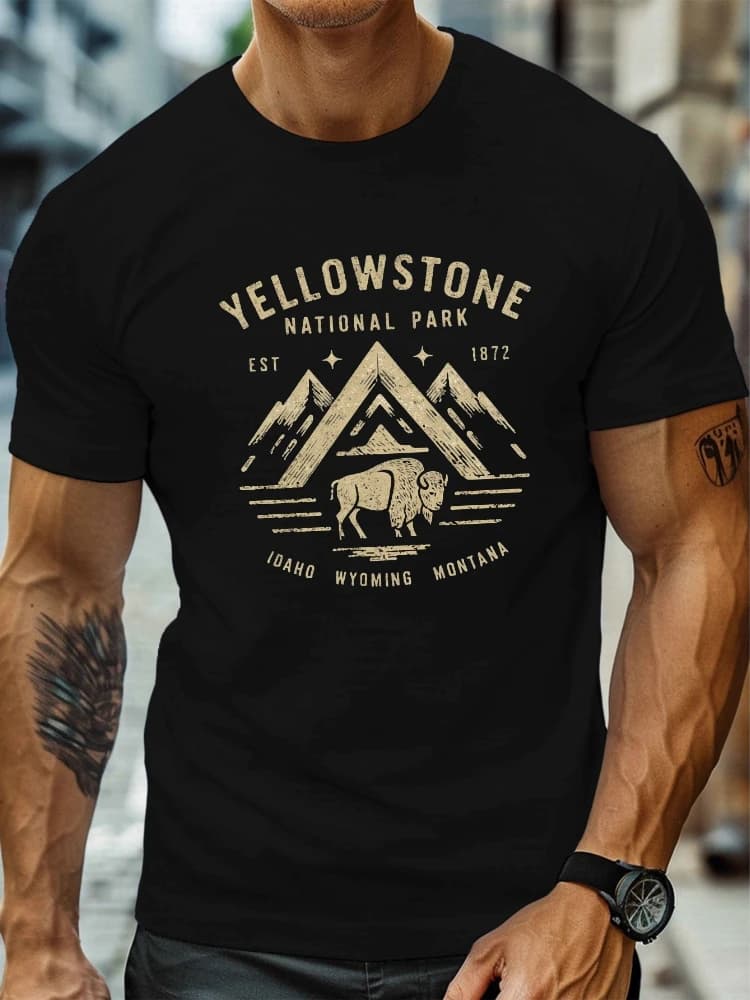 Iconic Bison & Mountain Design-100% cotton summer O-neck short sleeve casual printed men's T-shirt.