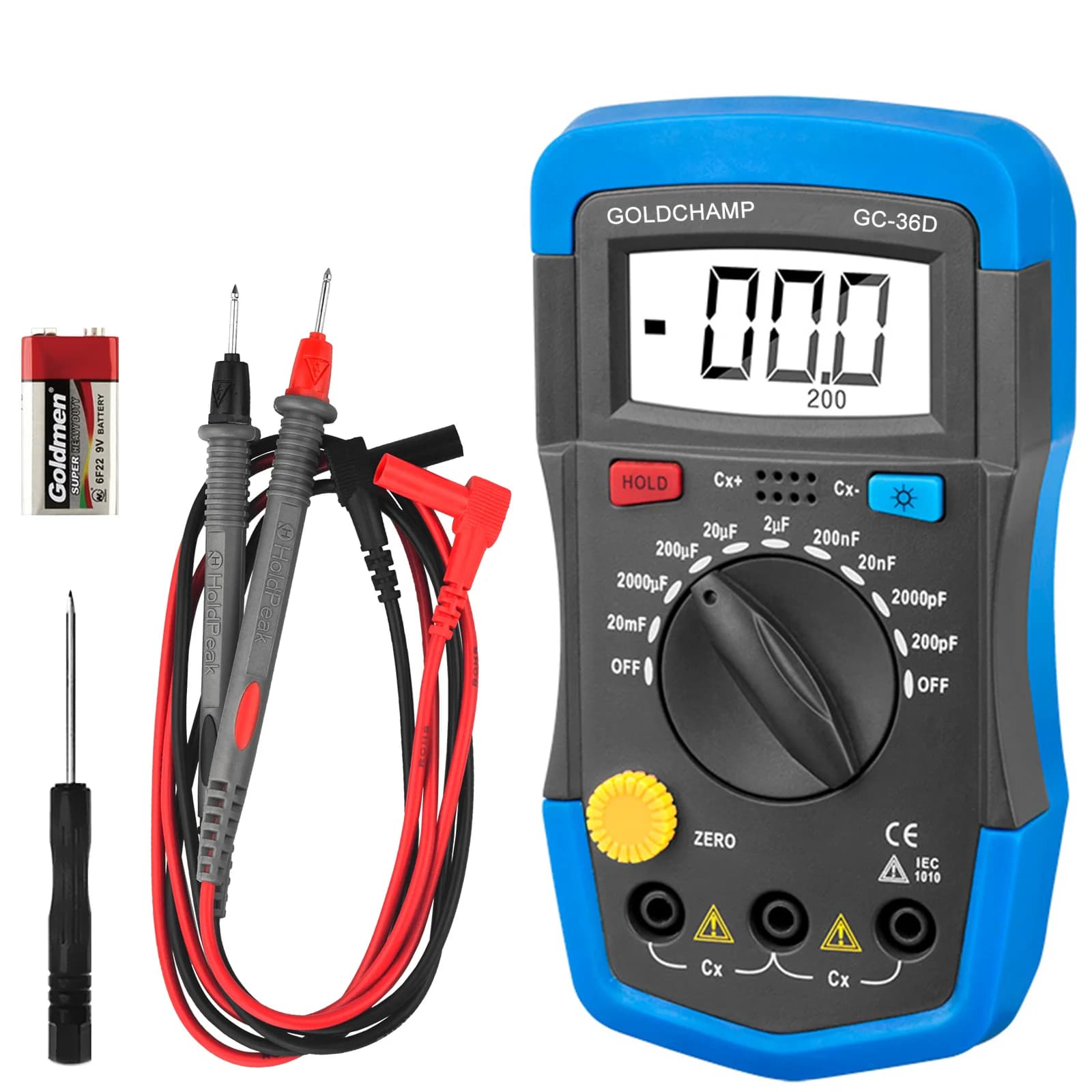 Digital Capacitance Meter 0.1pF-20000uF 9 Ranges 1999 Counts LCD Backlight Data Hold Manual Zeroing for Capacitor Testing