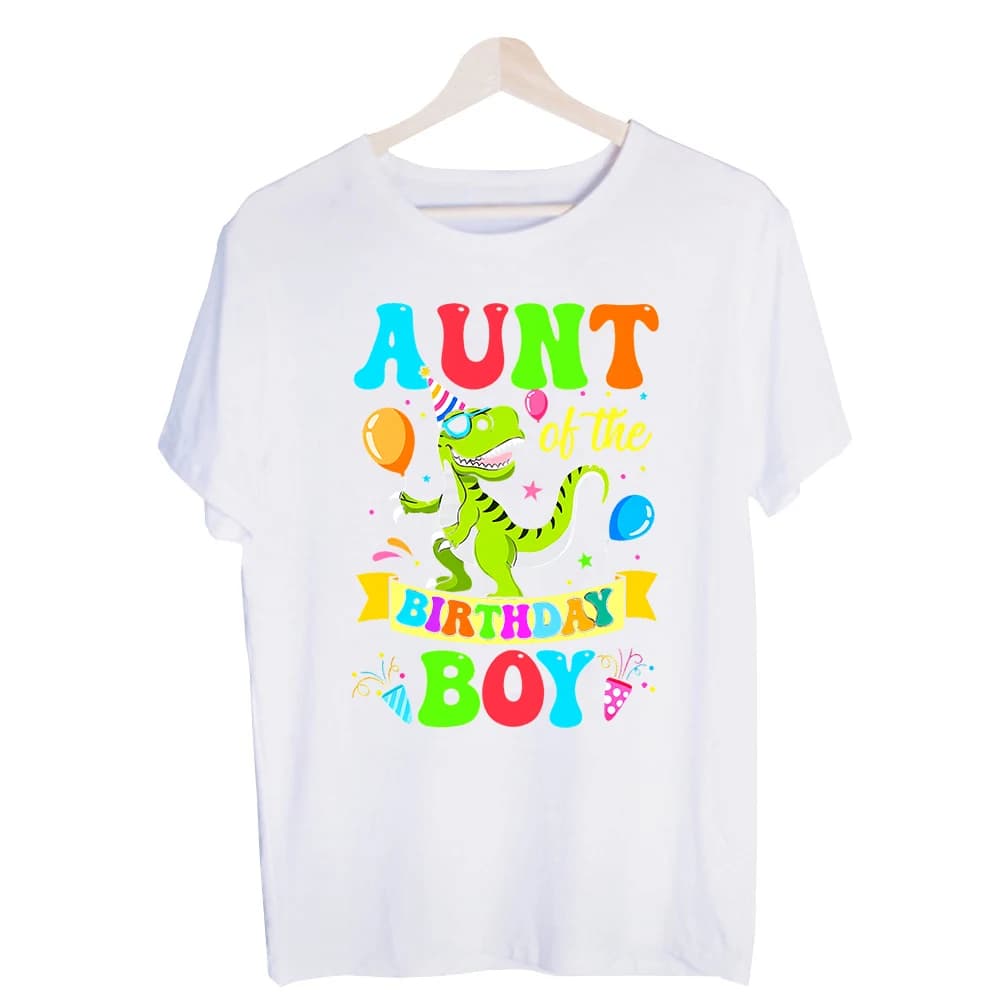 Aunt's Dinosaur Birthday Boy Graphic Tee, Short Sleeve Crew Neck T-Shirt for Party Celebrations and Family Gatherings