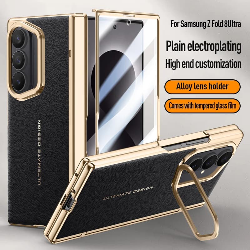 For Samsung Galaxy Z Fold 8 Ultra 5G Case Luxury Electroplated Matte Leather Folding Hinge With Tempered Film Lens Bracket Cover