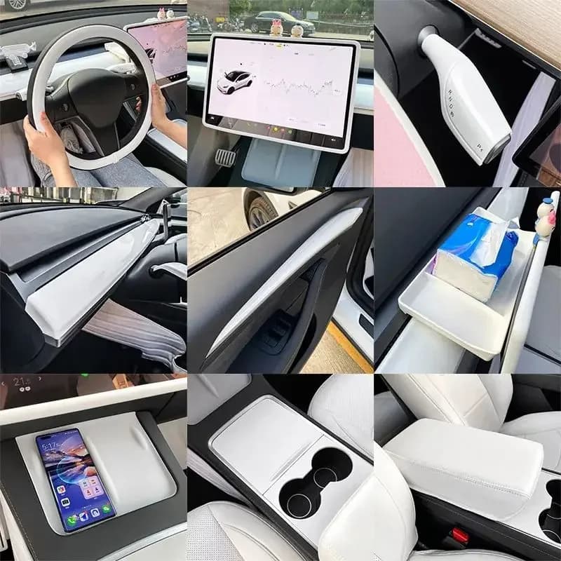 For Tesla Model 3/Y White Interior Center Console Storage Box 2021-2023 Steering Wheel Cover Screen Protection Accessory