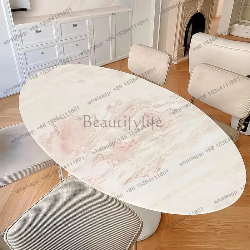 Pink Luxury Stone Dining Table Oval French Cream Wind Rose Rainbow Villa Marble Dining Table
