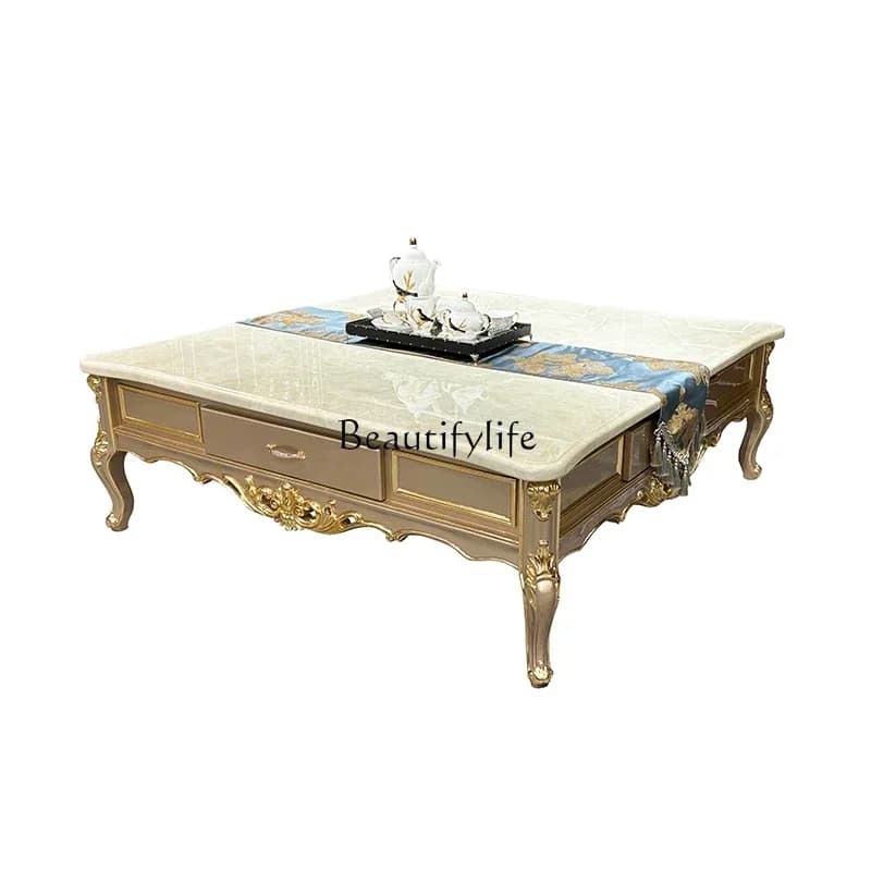 yj7 -French large coffee table Solid wood square court luxury villa Living room with drawers Marble large coffee table
