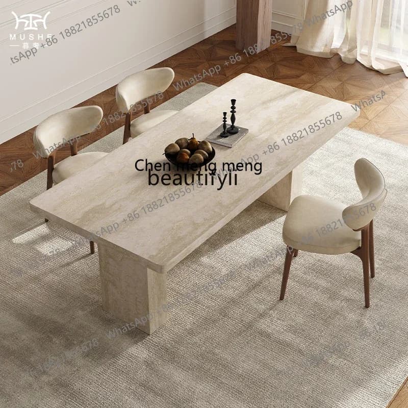 178French retro travertine rock slab dining table and chair combination modern home designer dining table