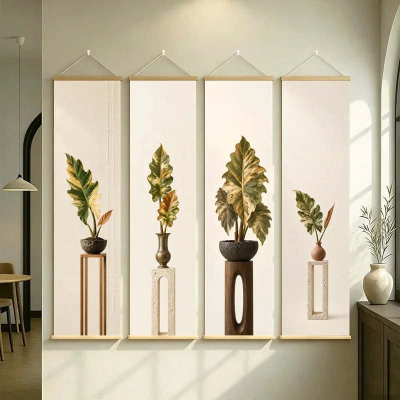 Golden Leaf Wall Art 4-Panel Variegated Tropical Plant Pot Scroll Set on Beige Silver Shimmer Canvas for Warm Dining Room Decor