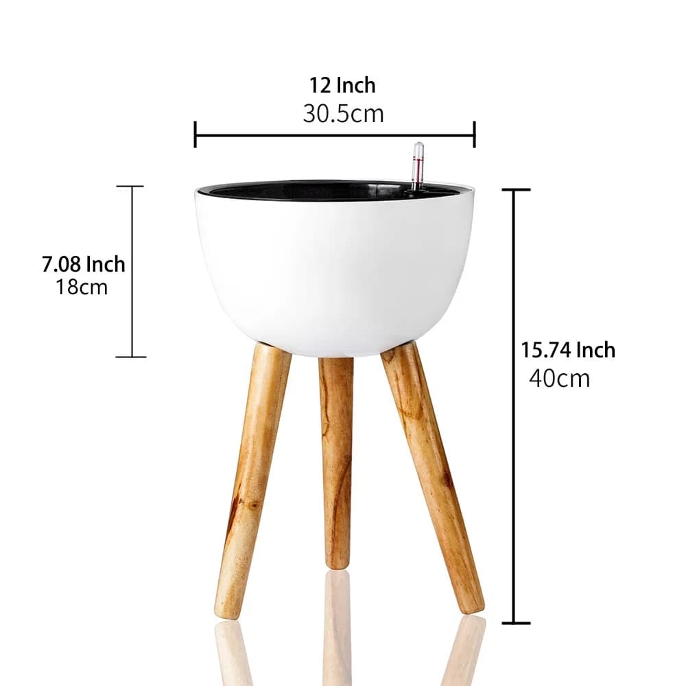 12-Inch self-watering plastic planter with wooden stand for garden and home decoration