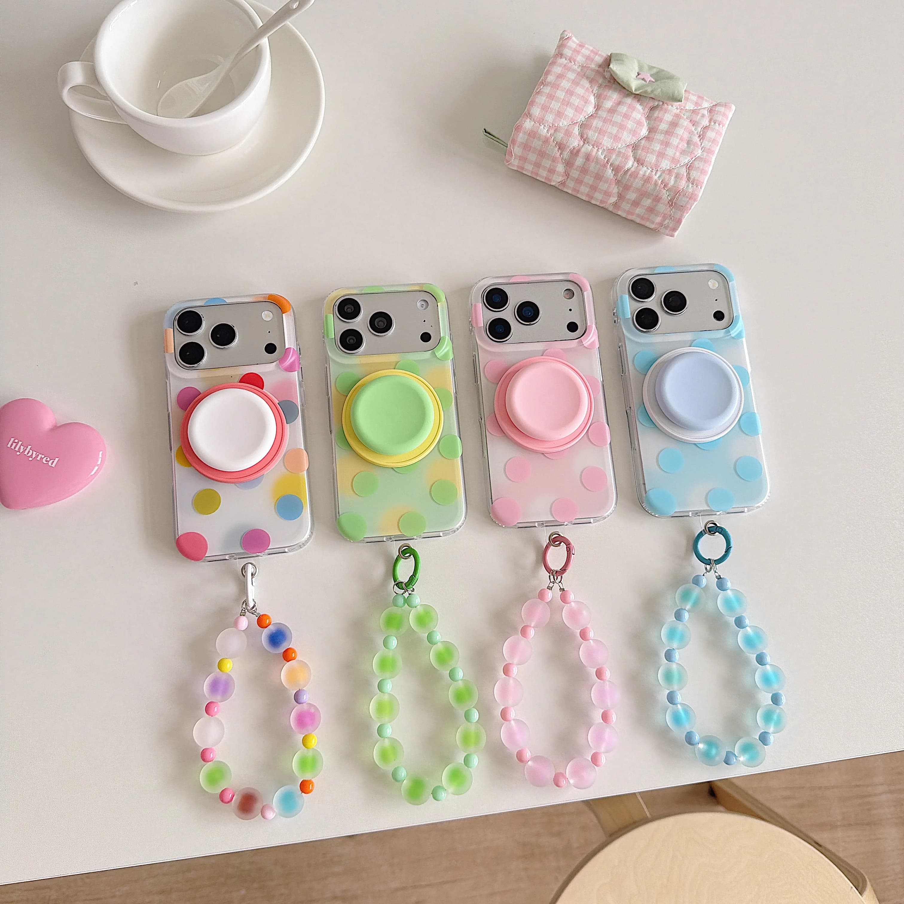 Kawaii Multi Color Dots Phone Case For iPhone 17 16 15 Pro Max With Stand & Beaded Lanyard Pastel Border Transparent Hard Cover