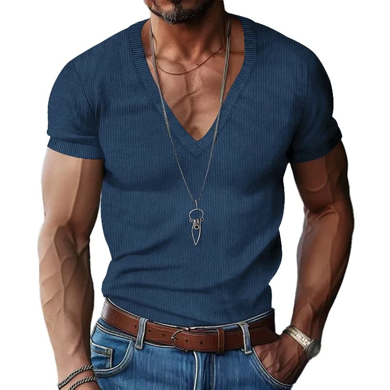 Camiseta informal ajustada de color sólido con cuello en V para hombre de verano europeo y americano de pana de Amazon