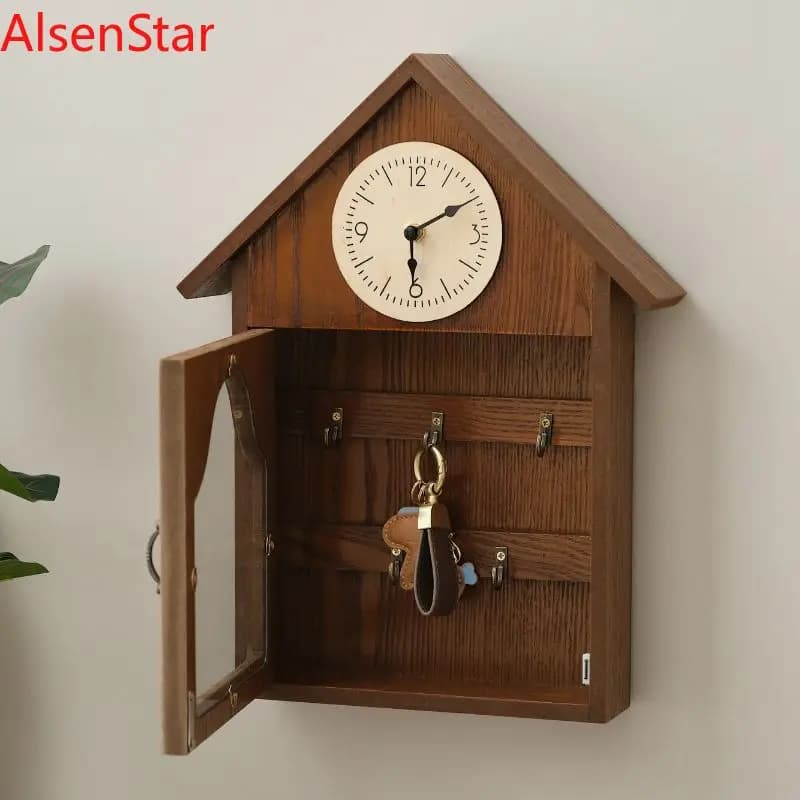 Entrance Key Hanger Hook with Clock Creative Wall Decoration Clocks Wood Decorative Storage Rack Home Decoration
