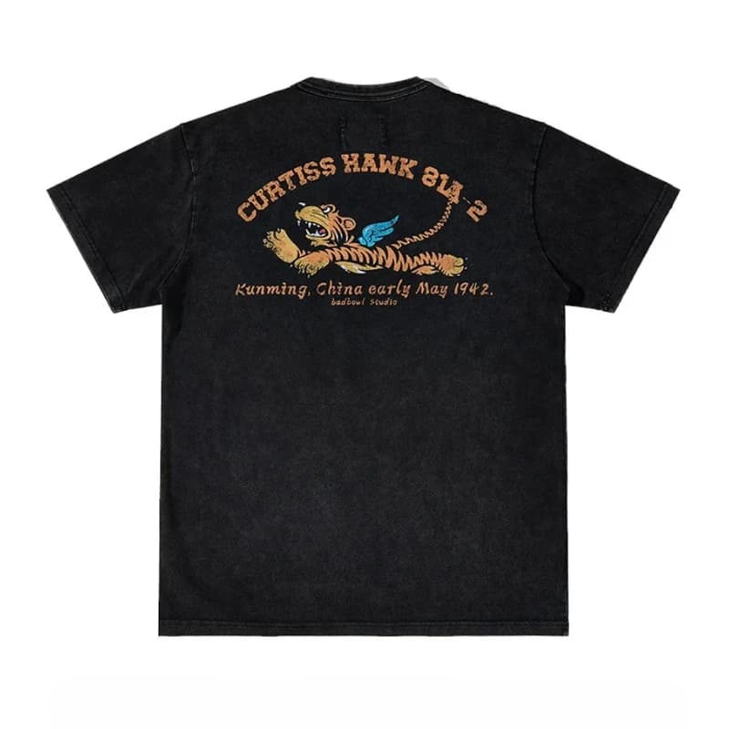 American WWII Air Force P-40 Flying Tiger AVG Printed Salt Stir Fried Old Cotton Short Sleeve Base T-shirt for Men and Women