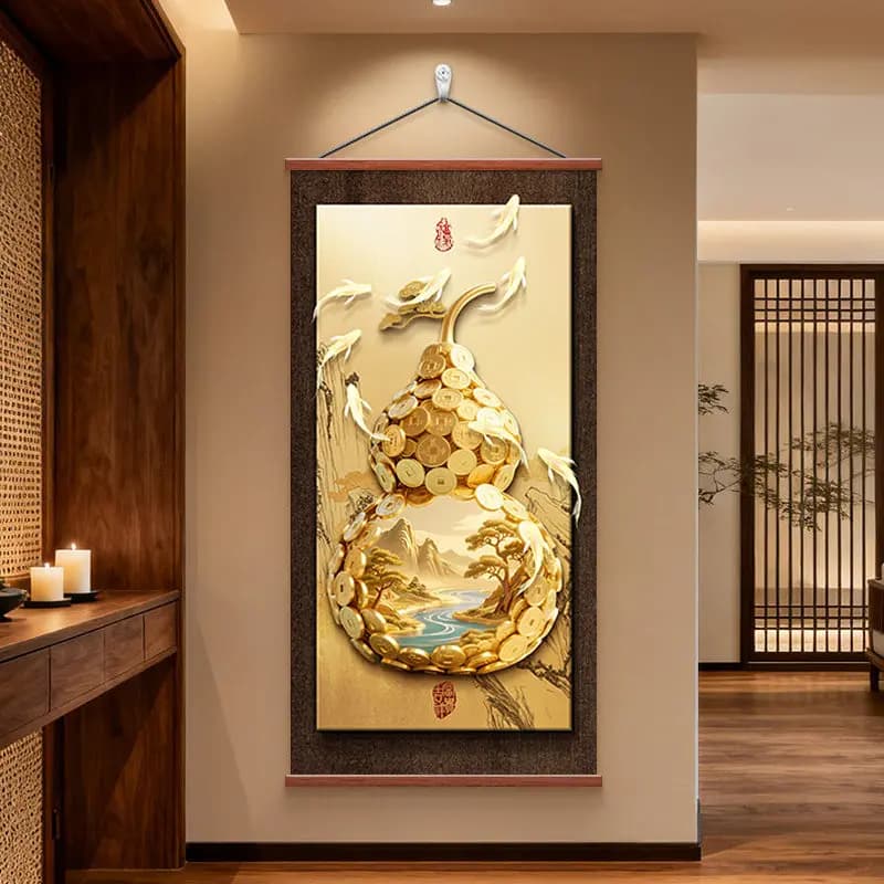 Wall Art Golden Gourds and Nine Koi Fish Vintage Chinese Pearlescent Canvas Hanging Scroll with Wooden Rods for Entryway