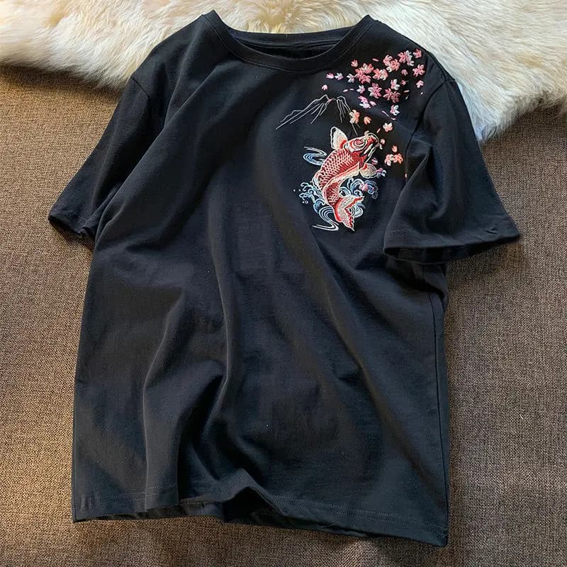 Brocade Carp Embroidery China Style Oversized 2xl Summer Short Sleeve T Shirts Men New Arrival Casual Clothing Tops Streetwear