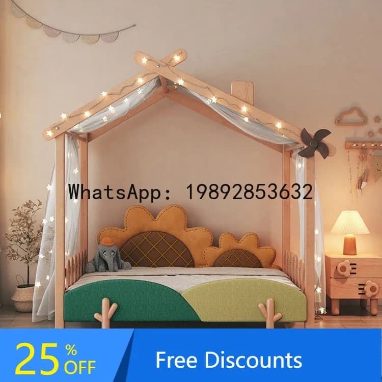 YFY Girl's Bed Solid Wood with Guardrail Treehouse Bed Desk Integrated 1.5m Extendable Bed Retractable
