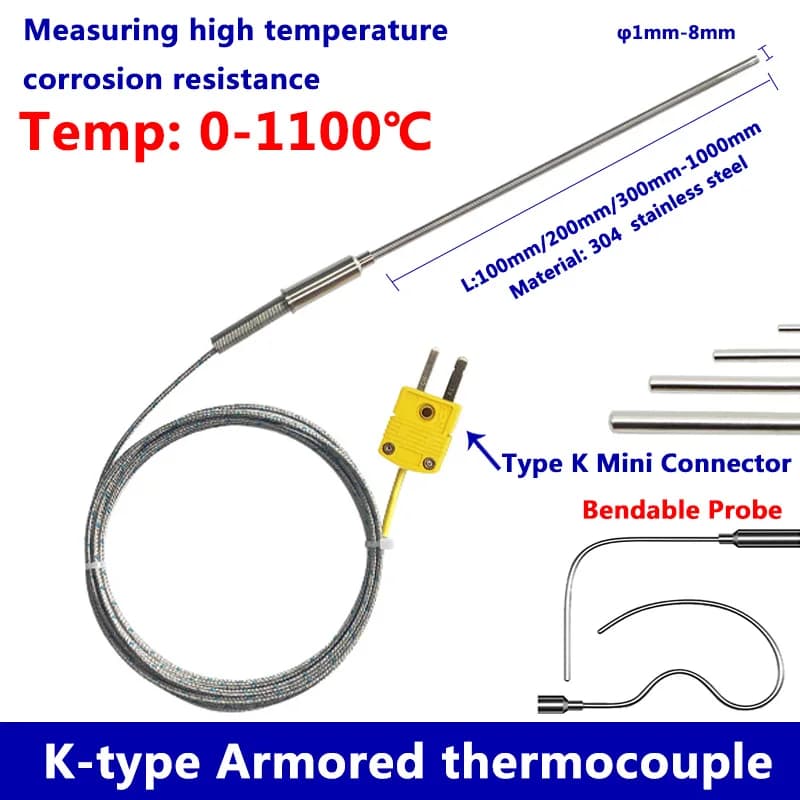 Armoured Thermocouple K Type Bendable Sensor Wire 1mm//2mm/3mm-8mm Dia 100/200/300mm WRNK-191 0-1100 Degree temperature sensor