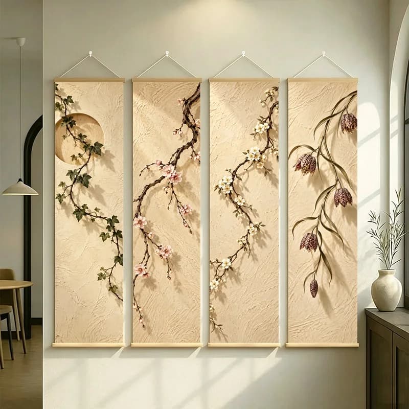 Wall Decor Fritillaria and Ivy, Natural Wabi-Sabi Botanical Silver Shimmer Canvas Hanging Scroll for Japandi Living Room