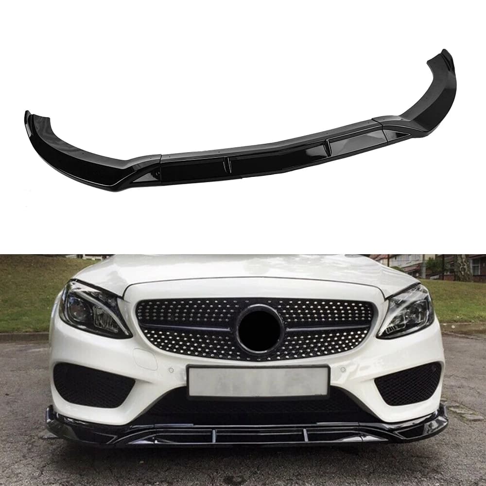 Front Spoiler Bumper Lip For Mercedes-Benz C-Class W205 Sport 15-18 C180 C200 C300 Gloss Black/Carbon Fiber Look Lower Splitter