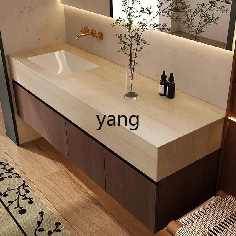 CX medieval travertine rock slab seamless ceramic integrated basin bathroom cabinet combination