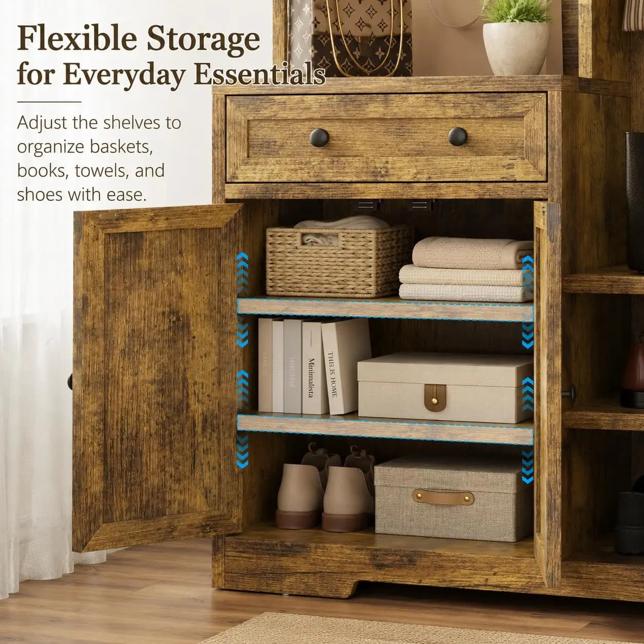 5-in-1 Hall Tree with Bench and Shoe Storage, 51" W Entryway Organizer Coat Rack for Mudroom, Hallway, Living Room, Rustic Brown