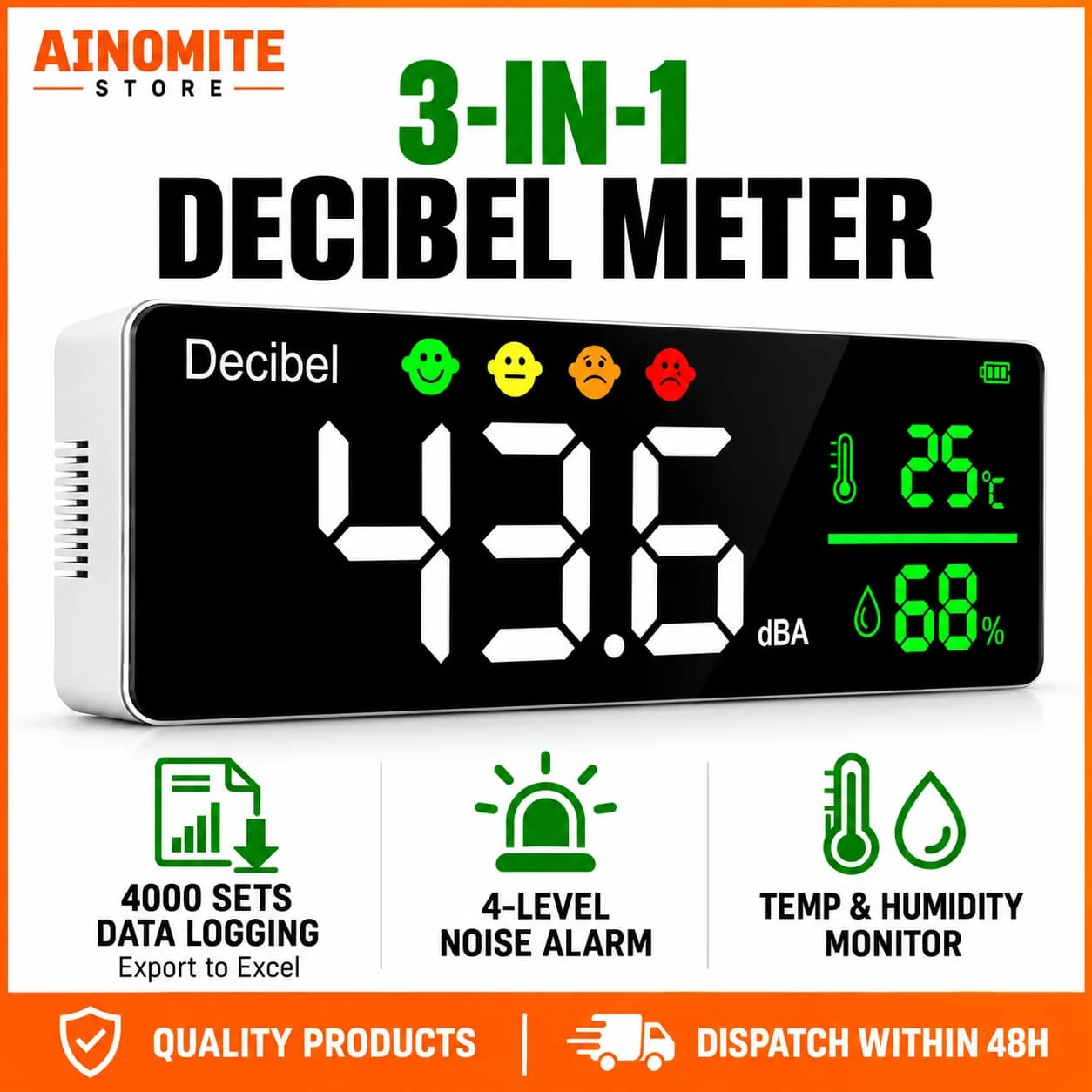3 in 1 Decibel Meter Wall Mounted Sound Level Meter 11" Large LED Display Noise Meter 30-130dB SPL Tester Time Temperature
