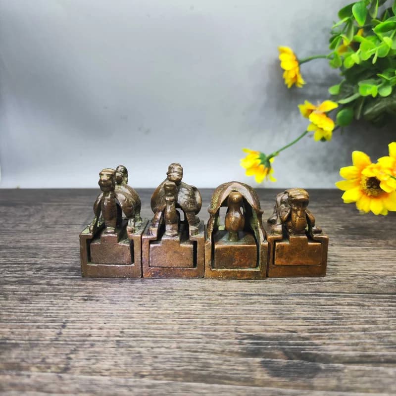 Brass Four Divine Beasts: Green Dragon, White Tiger, Red Bird, Black Tortoise , Mother-and-Child Bronze Seal, Square