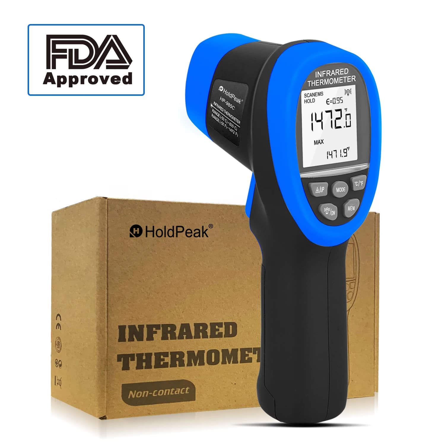 16:1 D:S&-50℃~800℃ Non-Contact Infrared Thermometer 985C with Hi/Lo Alarm 20 Data Memory Backlit LCD for HVAC/Engine/Food Safety
