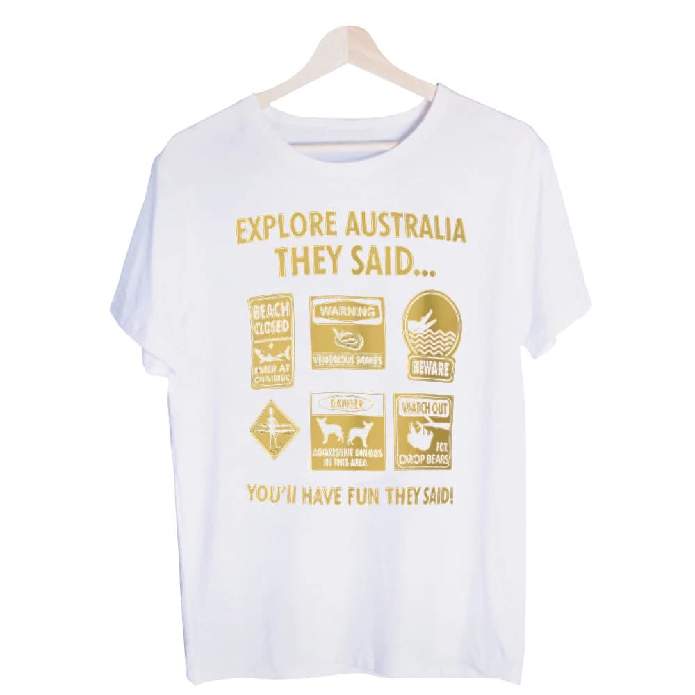 Men's Australia Warning Signs Graphic Tee, Short Sleeve Crew Neck T-Shirt for Casual Travel and Summer Outfits