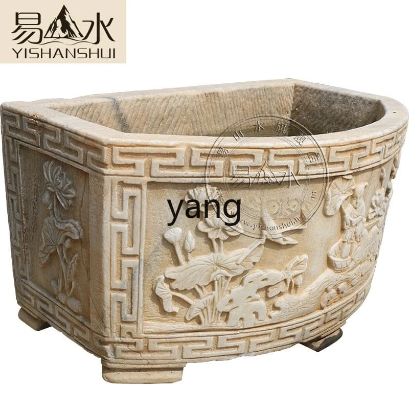 Lmm Fish Tank Chinese Style Carved Stone Basin Courtyard Fish and Flower Half Round Tank Home Decor